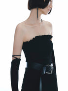 MO&Co. Noir Women's Silk Smocked Maxi Evening Tube Dress in Black with gloves and belt