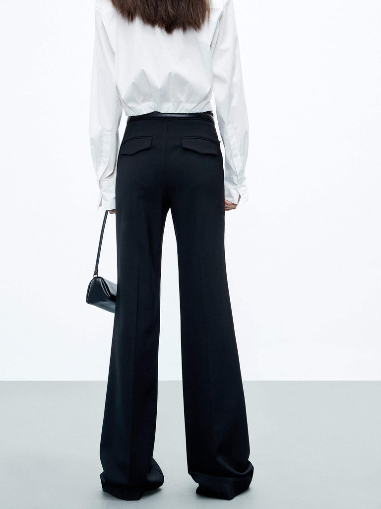 MO&Co. Women's Black Full Length High Rise Wide Leg Trousers in Good Wool