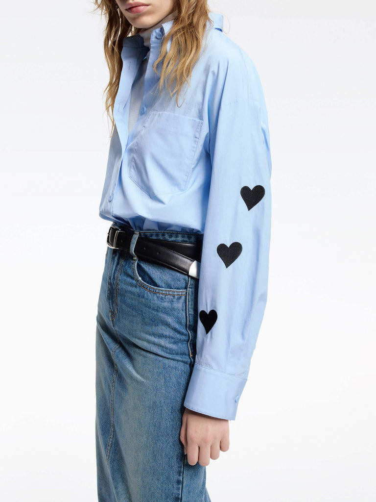 MO&Co. Women's Cotton Heart Pattern Embroidery Shirt Blouse in Blue