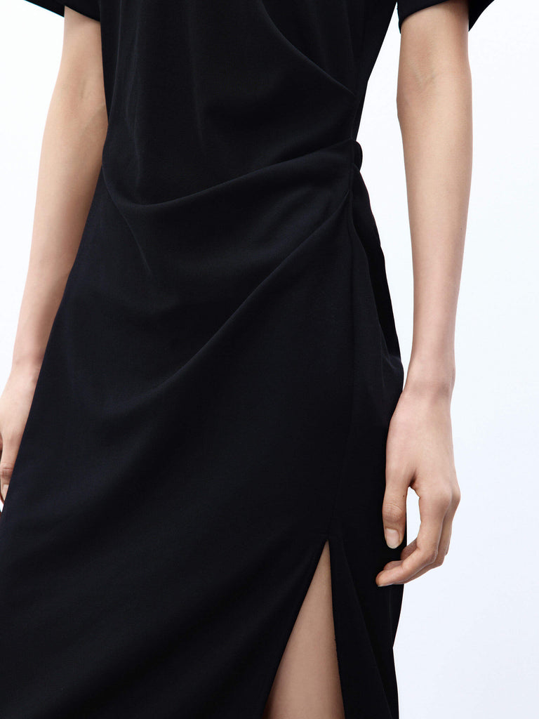 MO&Co. Women's Black Side Slit Midi Dress with Short Sleeves