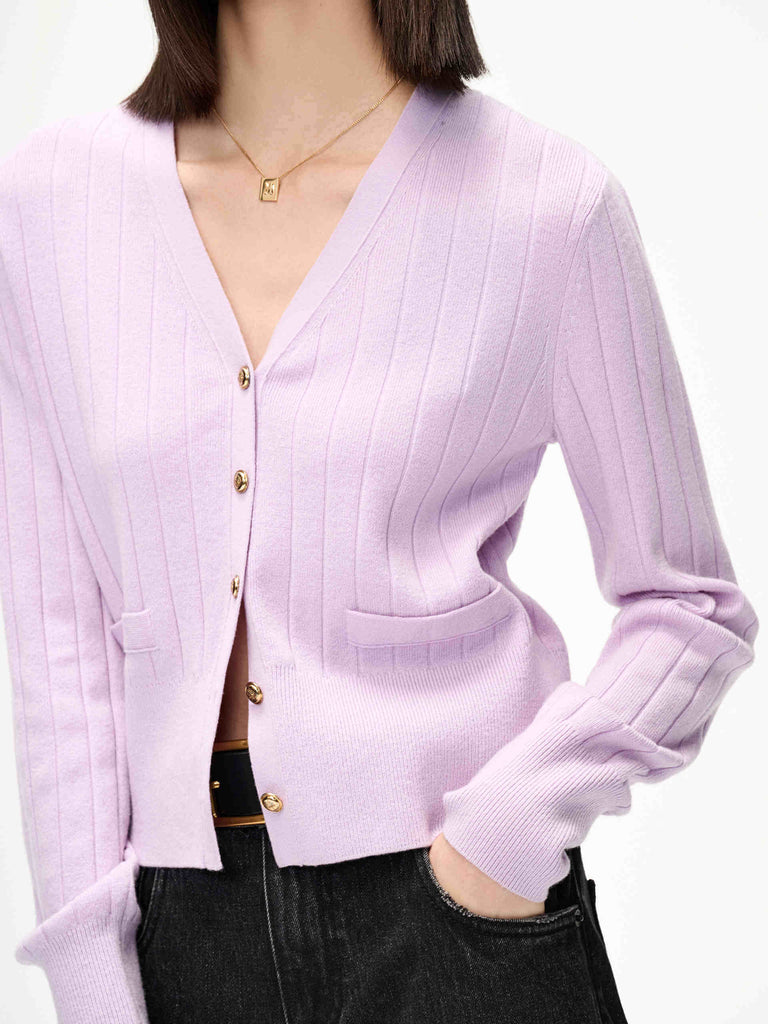 MO&Co. Women's Wool Cashmere Ribbed V Neck Cardigan Short in Purple