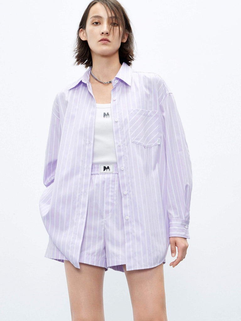 MO&Co. Women's Classic Relaxed Fit Striped Cotton Shirt in Purple