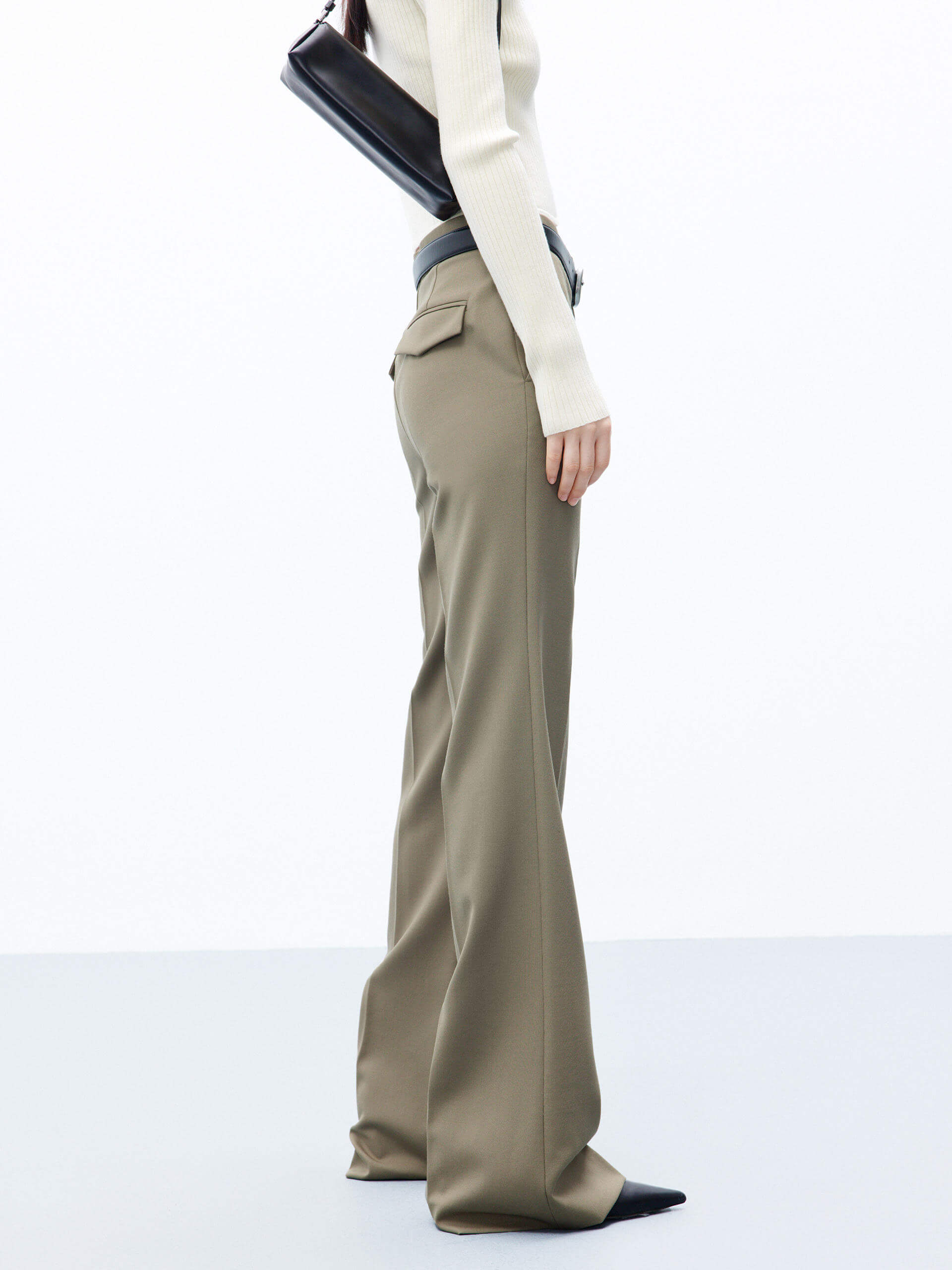 MO&Co. Women's Olive Full Length High Rise Wide Leg Trousers in Good Wool