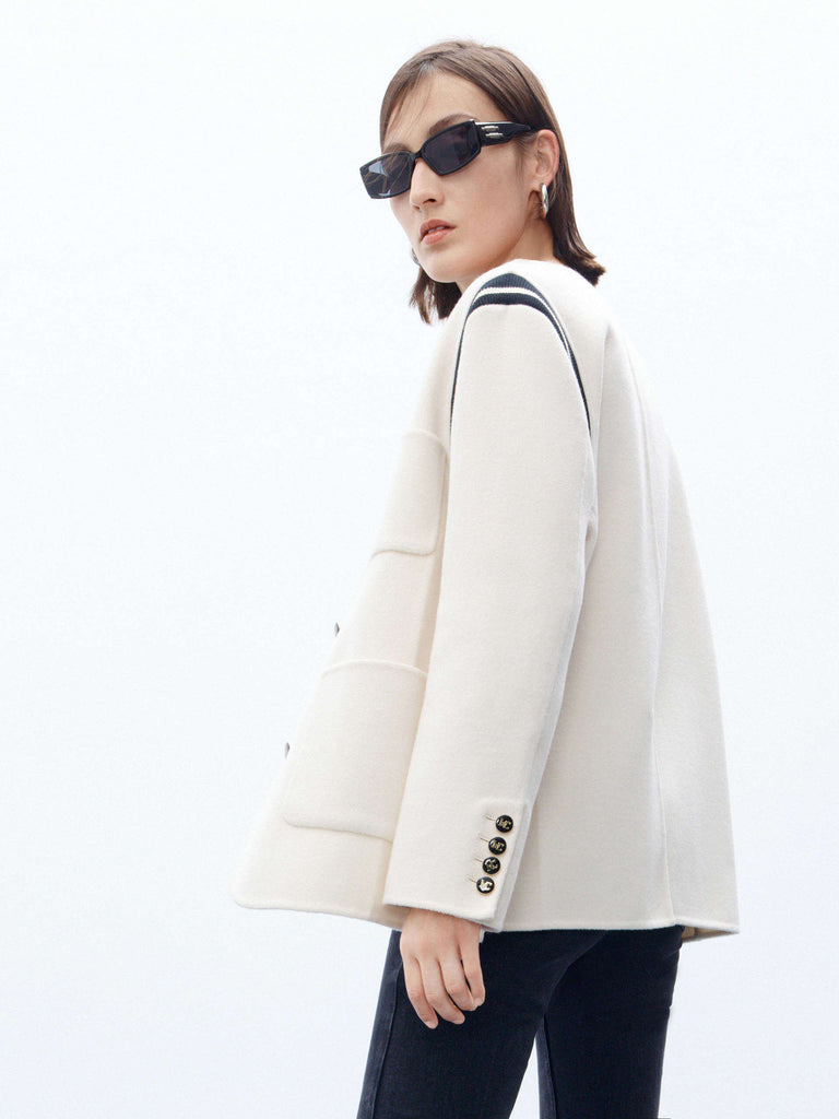 MO&Co. Women's Wool Blend Contrast Trim Collarless Jacket Beige