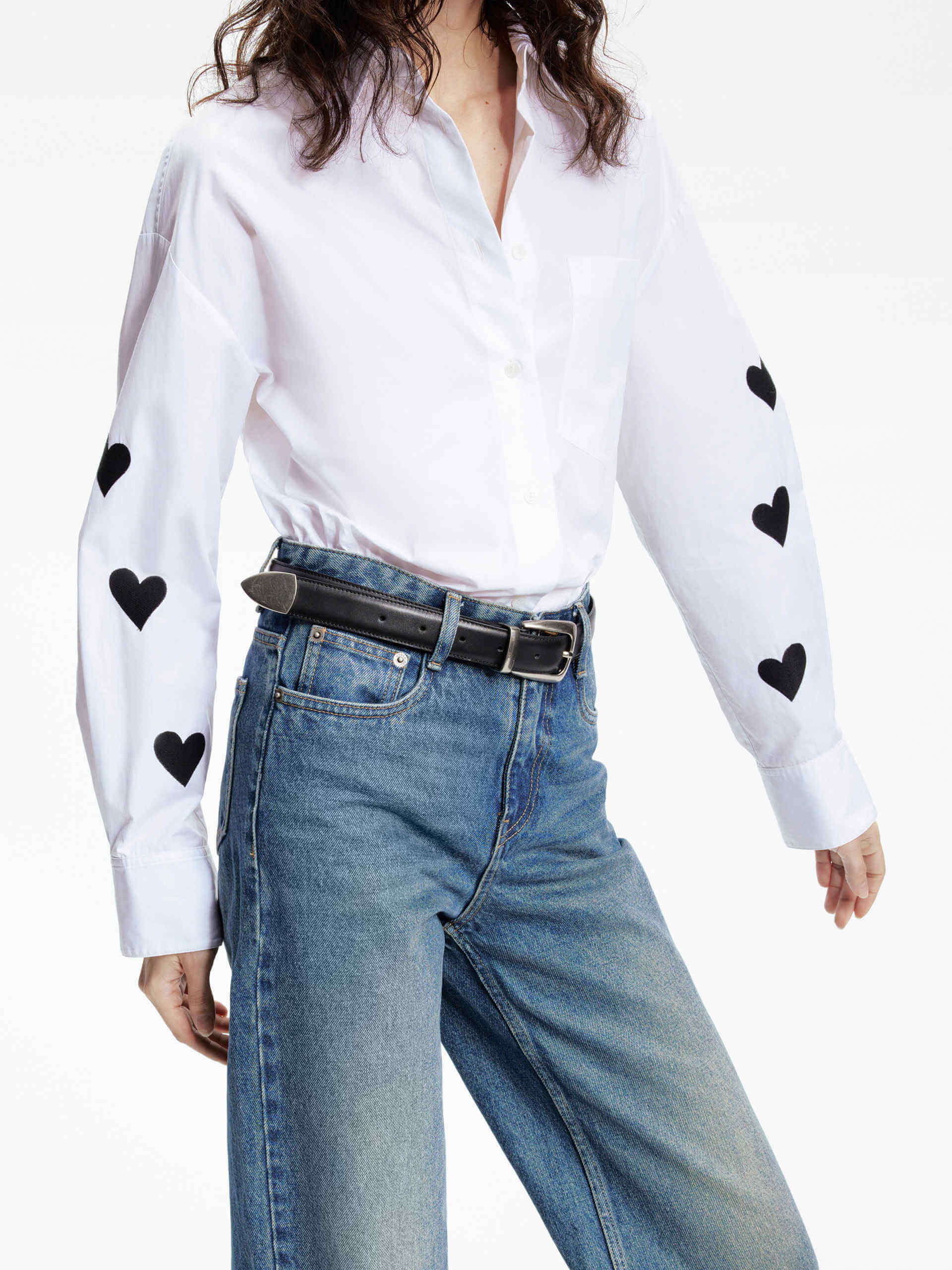 MO&Co. Women's Cotton Heart Pattern Embroidery White Shirt Blouse