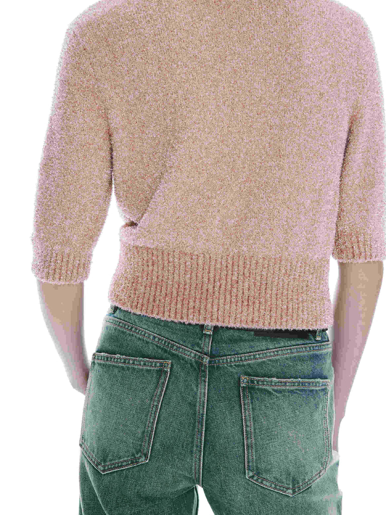 MO&Co. Noir Women's Ribbed Trim Short Sleeves Pullover Sweater in Light Pink with Metallic Fiber