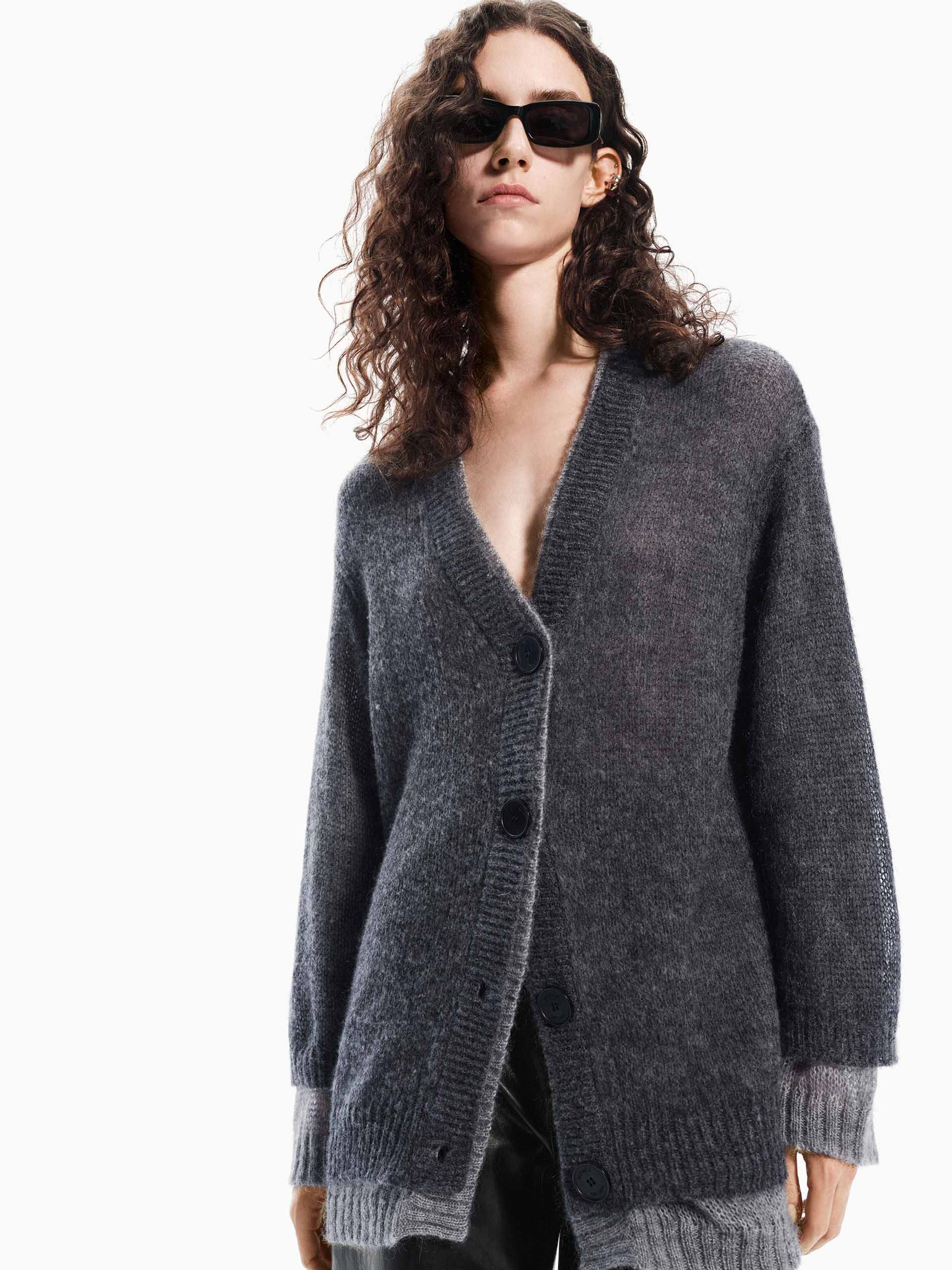 MO&Co. Women's V Neck Brushed Mohair Blend Layer Loose Cardigan in Grey