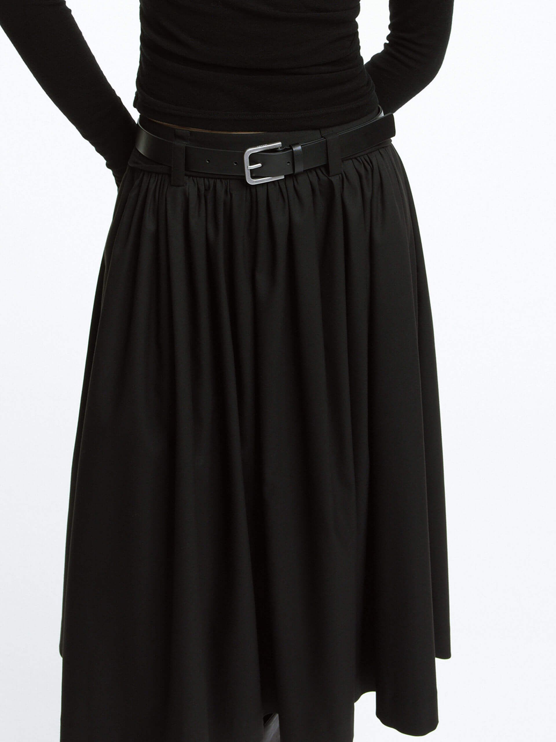 MO&Co. Women's A-line Pleated Midi Skirt with Belt Side Pockets in Black