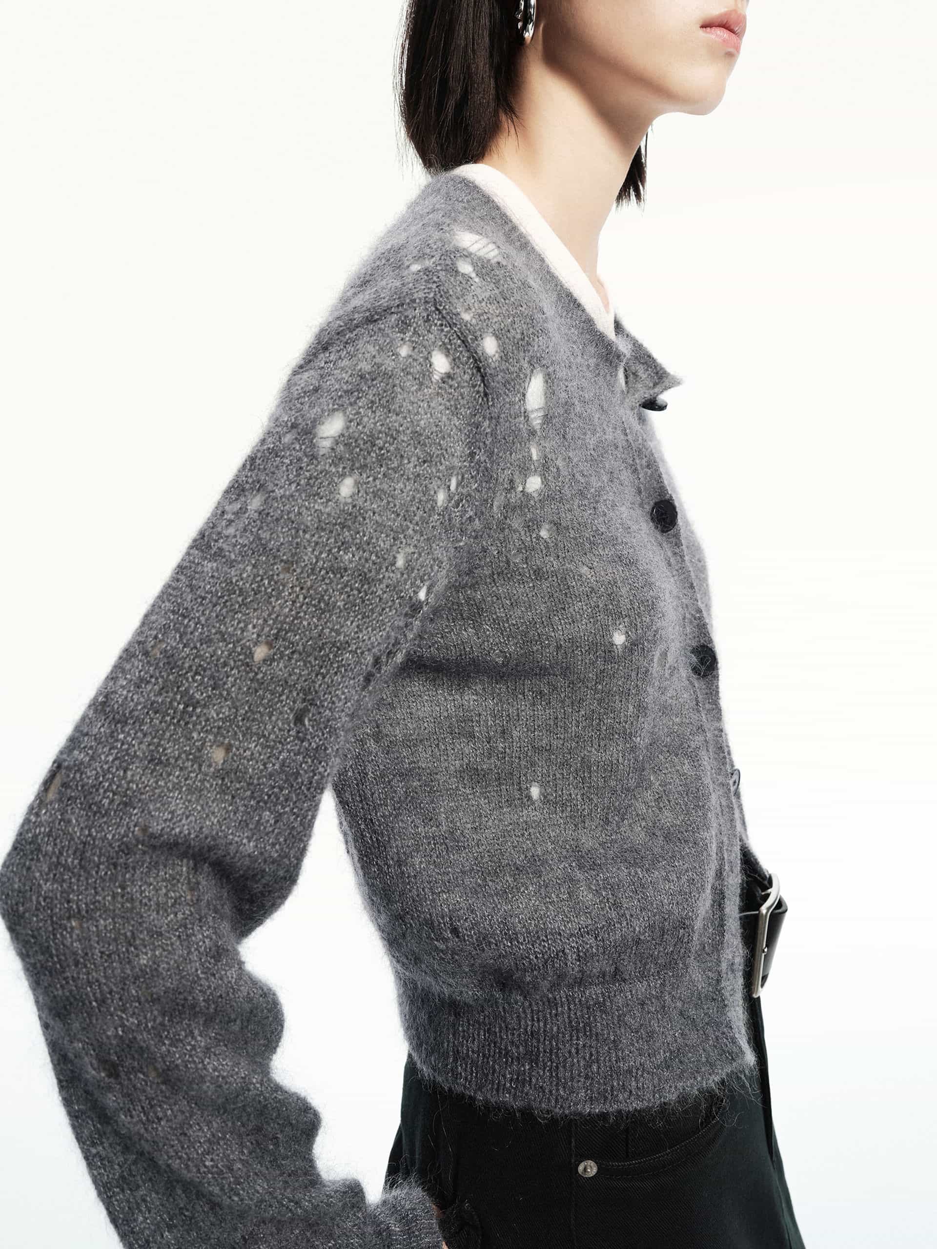 MO&Co. Women's Brushed Mohair Blend Distressed Cardigan in Grey