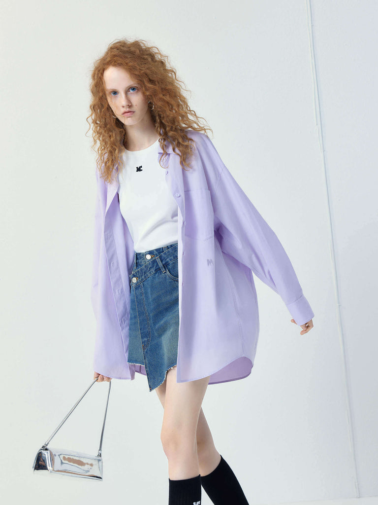 MO&Co. Women's Purple Classic Oversized Pocket Cotton Blend Shirt
