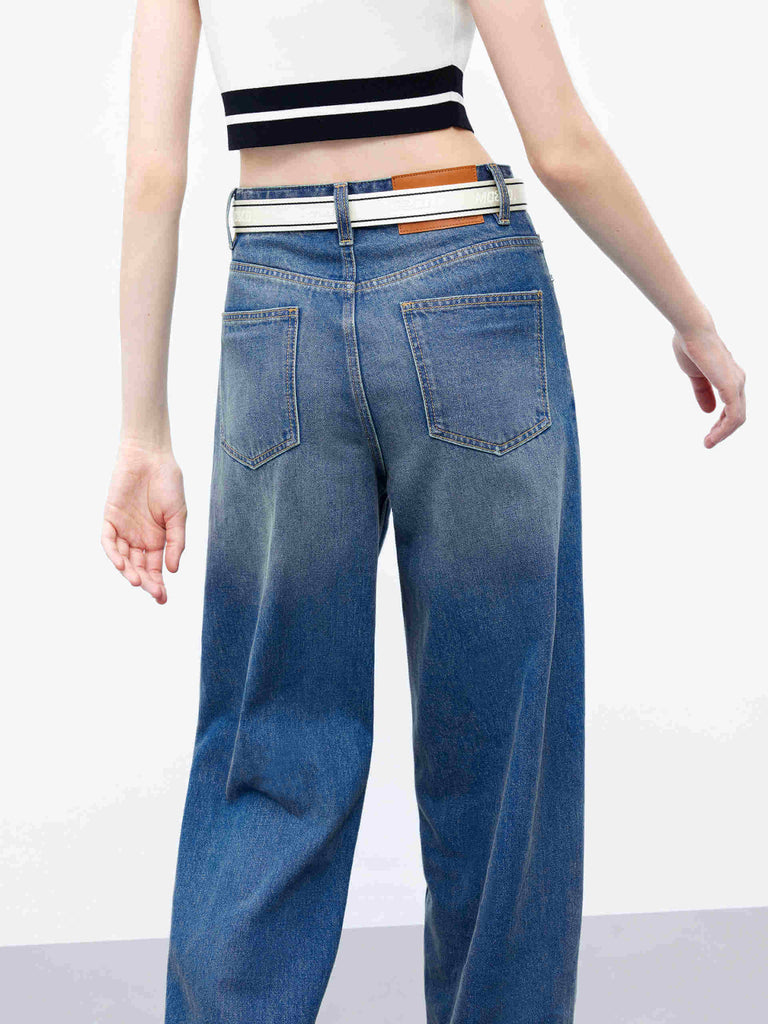 MO&Co. Women's Blue Mid Rise Wide leg Jeans with Belt