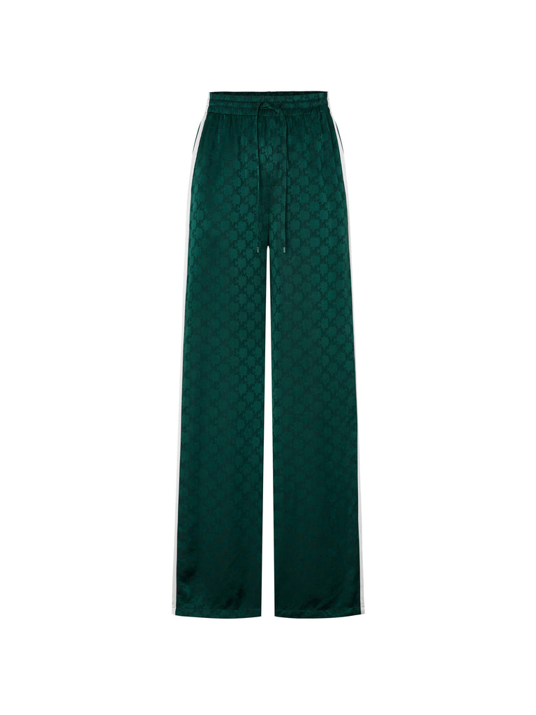 MO&Co. Women's Green Silk Blend Contrast Elastic Waist Track Pants with Monogram Jacquard