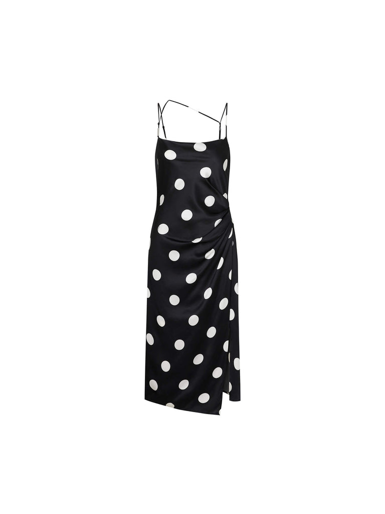 MO&Co. Women's Silk Blend Pleated Cami Dress in Black and White Polka Dot