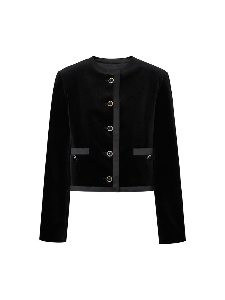 MO&Co. Women's Velvet Touch Boxy Slim Fit Cotton Jacket in Black