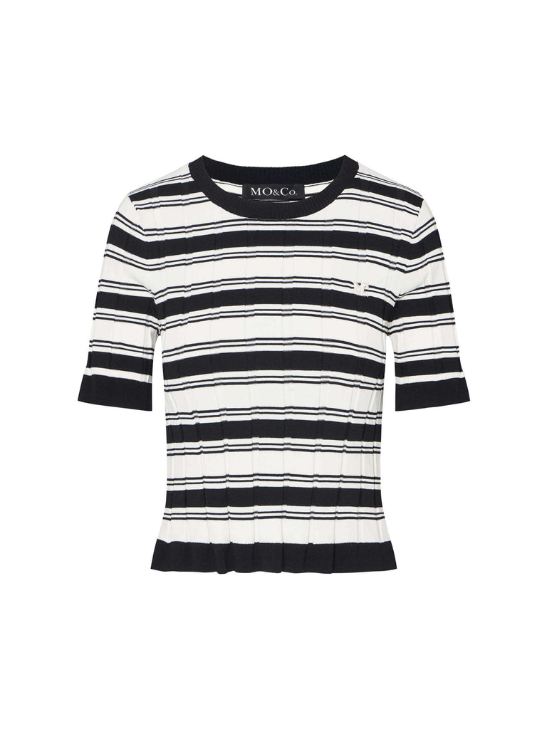 MO&Co. Women's Black and White Stripe Short Sleeve Structured Knit Top