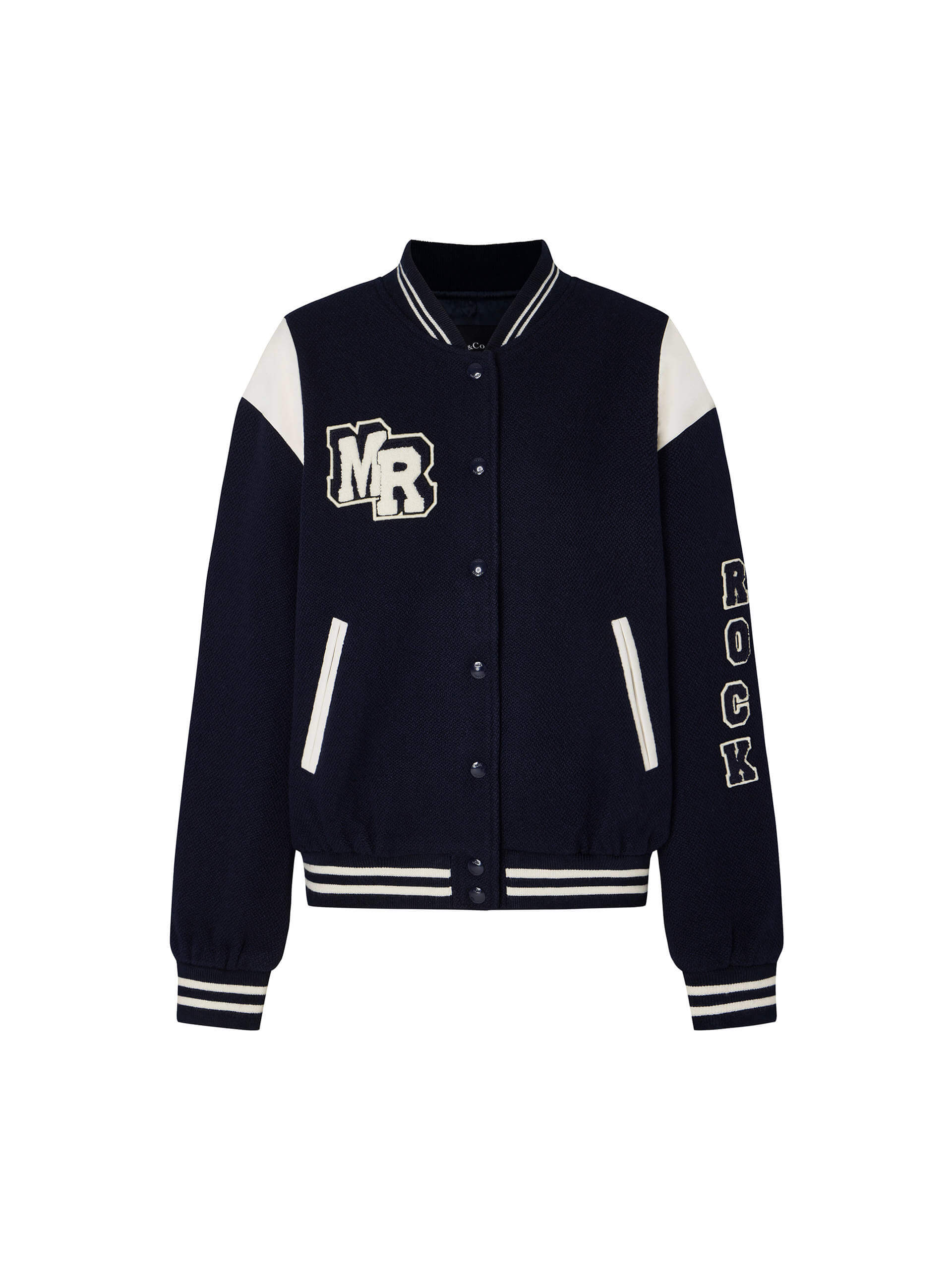 MO&Co. Women's Wool Blend Oversized College Varsity Bomber Jacket Loose Navy Blue