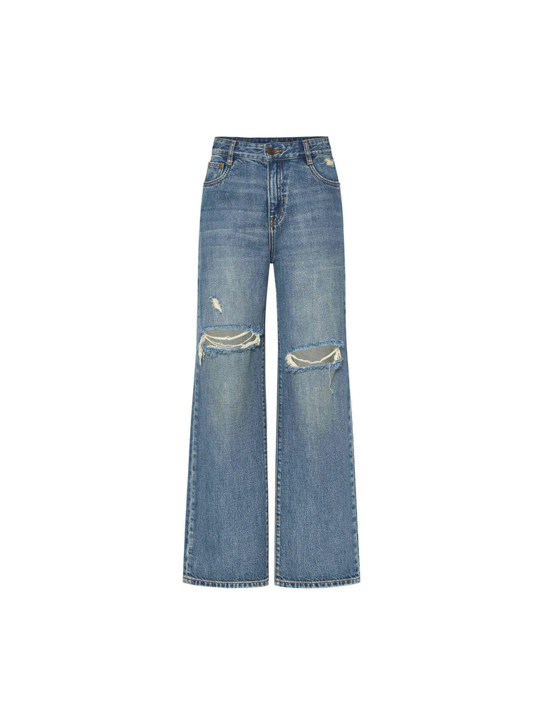 MO&Co. Women's Blue 100 Cotton Distressed Straight Leg Jeans