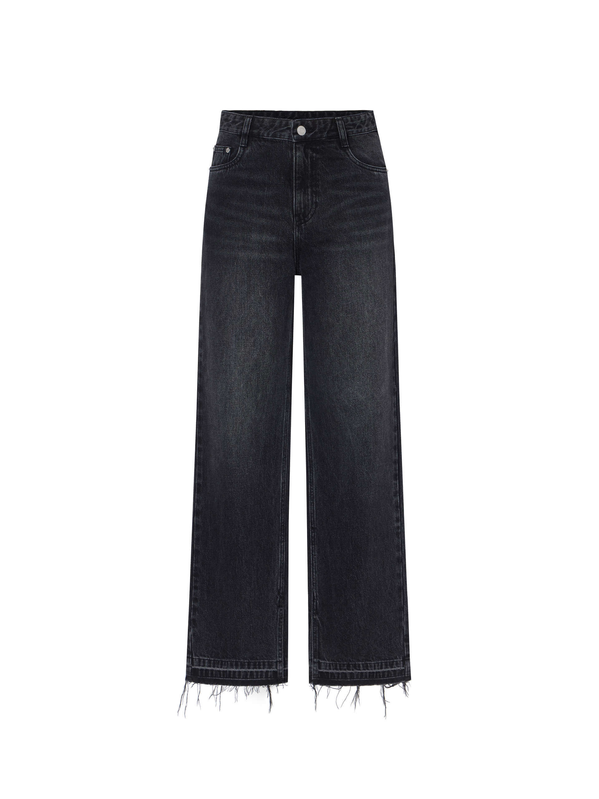 MO&Co. Women's Side Slit Raw Hems Full Length Straight Leg Jeans in Black