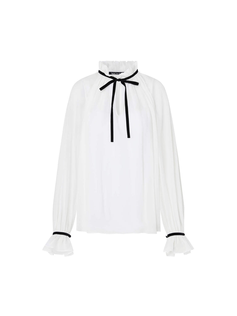 MO&Co. Women's Tie Neck Long Sleeve Silk Blouse in White