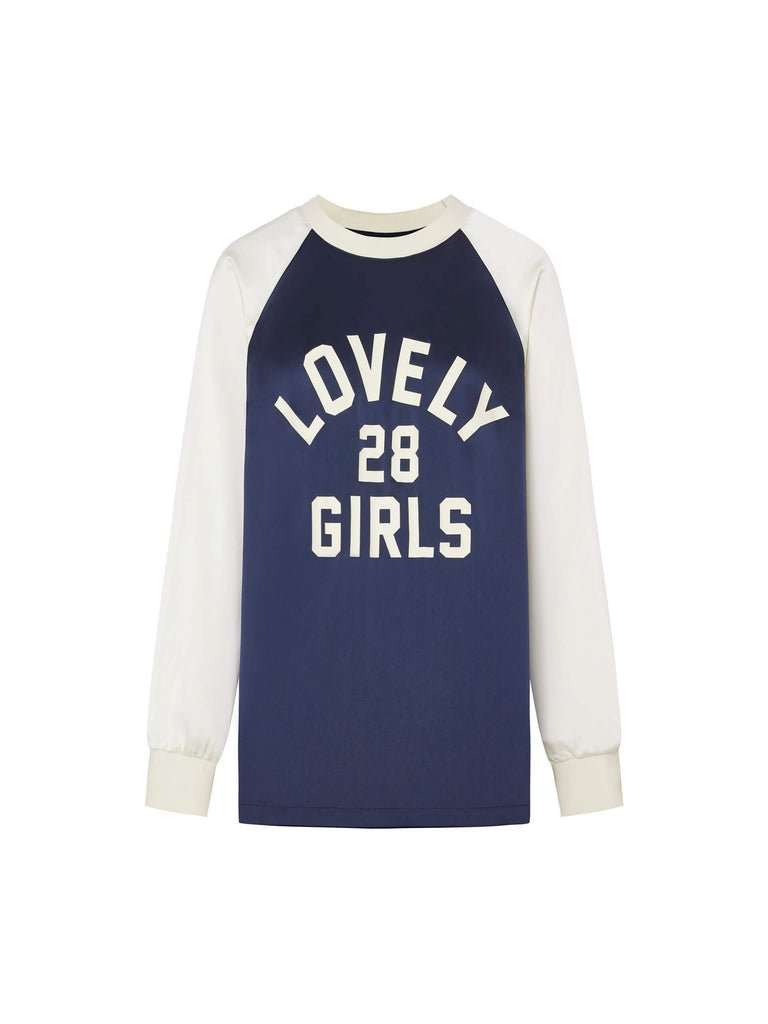 MO&Co. Women's Two Tone Raglan Sleeve Letter Print Top in Navy and White