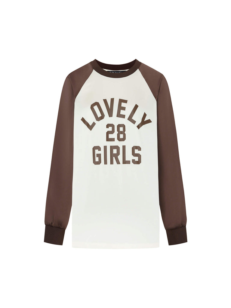 MO&Co. Women's Two Tone Raglan Sleeve Letter Print Top in Brown and Beige