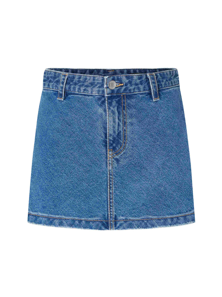 MO&Co. Women's Low Waisted A-line silhouette Mini Denim Skirt in Indigo Blue