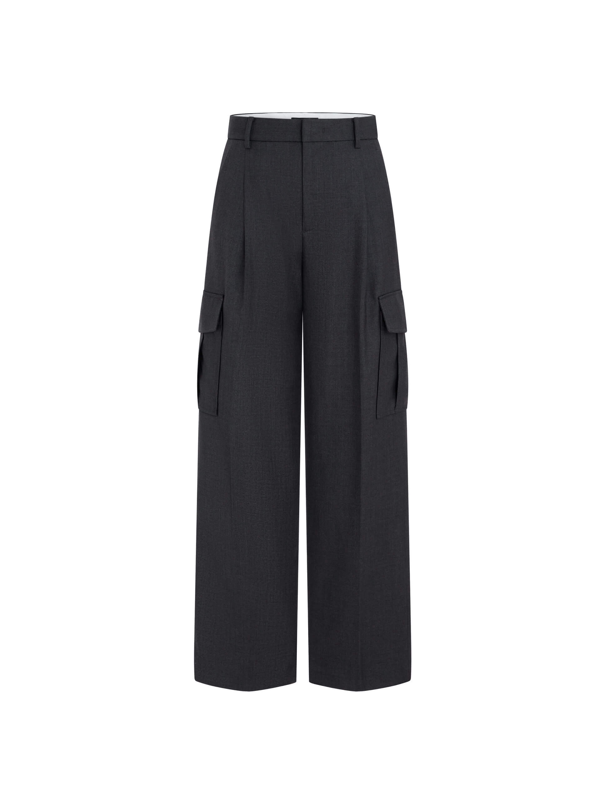 MO&Co. Women's Wool Blend Wide Leg Cargo Trousers in Grey