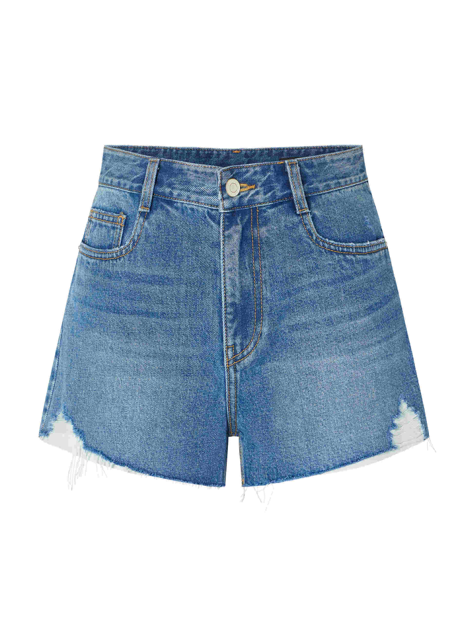 MO&Co. Women's Mid-rise Raw Hem Cotton Denim Shorts in Blue