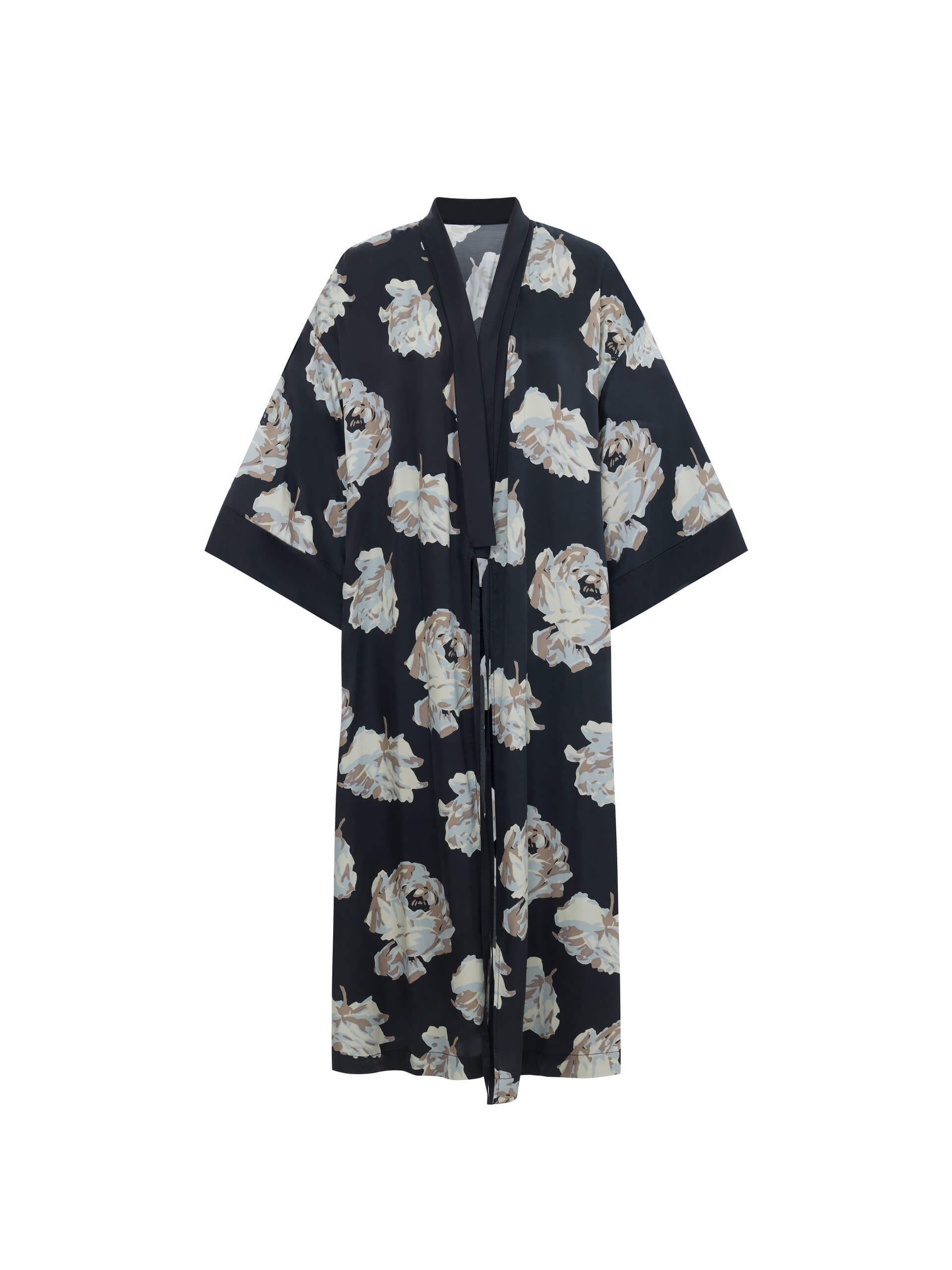 MO&Co. Noir Women's Long Floral Printed Coat. Crafted from a luxurious silk blend material, this coat features an all-over floral print that adds a statement touch to any outfit.