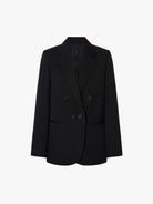 MO&Co. Noir Women's Peak Lapel Wool Blazer in Black crafted from comfortable Merino wool, this blazer features a classic double-breasted design with padded shoulders for a structured look.