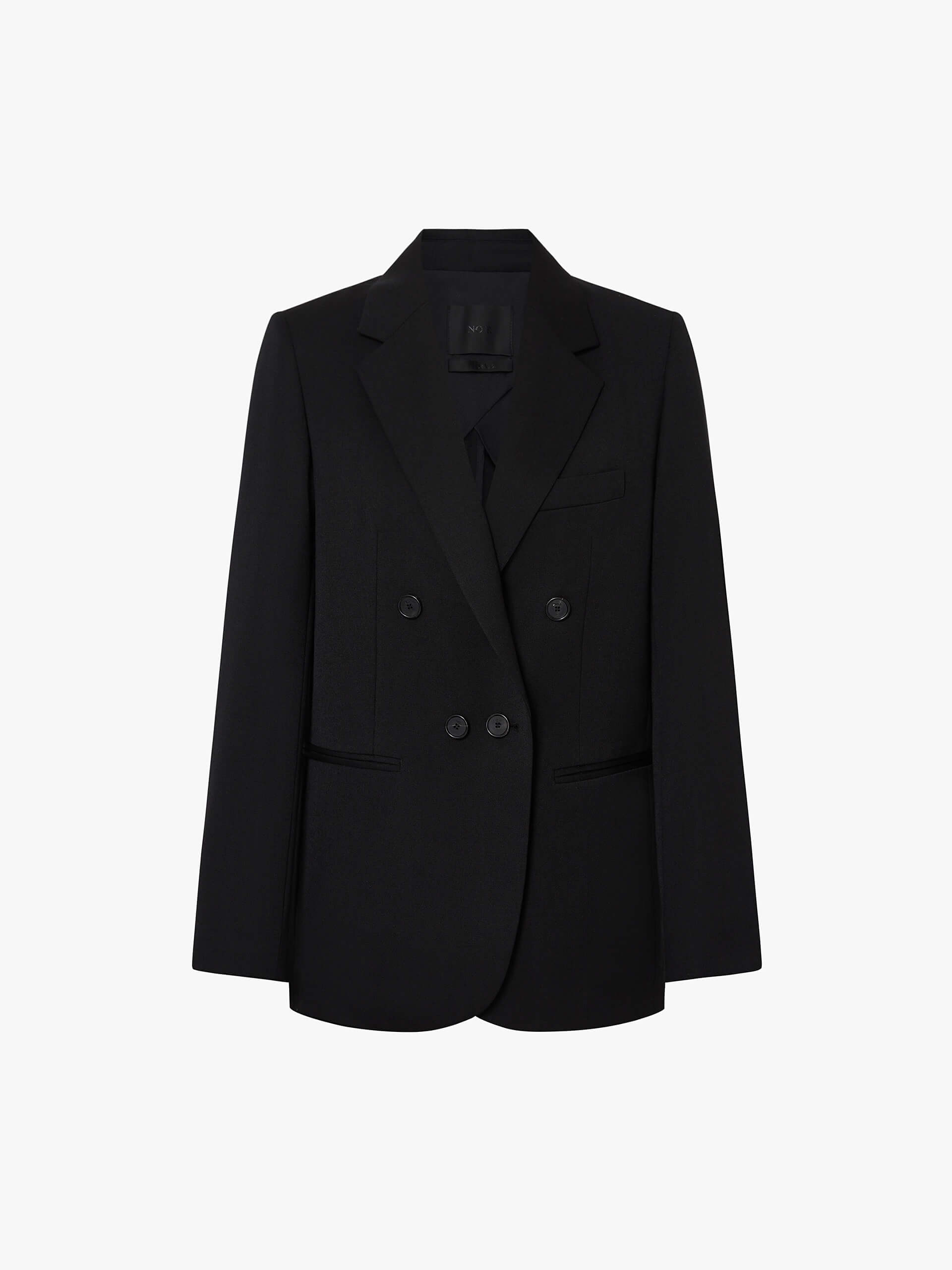 MO&Co. Noir Women's Peak Lapel Wool Blazer in Black crafted from comfortable Merino wool, this blazer features a classic double-breasted design with padded shoulders for a structured look.