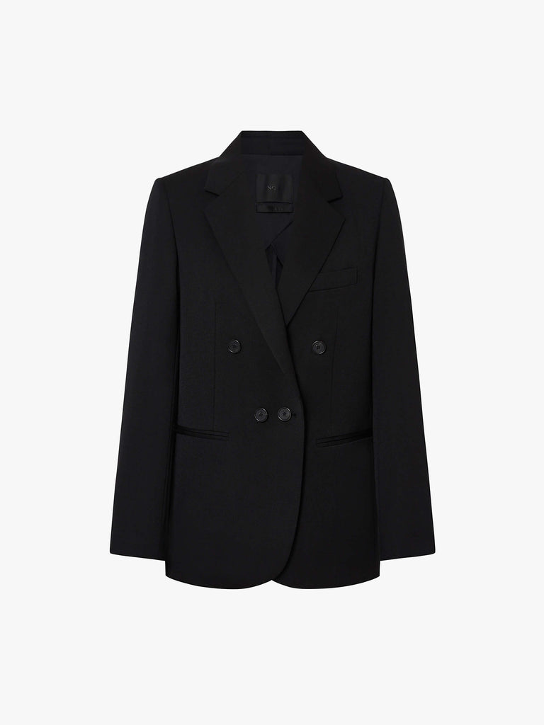 MO&Co. Noir Women's Peak Lapel Wool Blazer in Black crafted from comfortable Merino wool, this blazer features a classic double-breasted design with padded shoulders for a structured look.