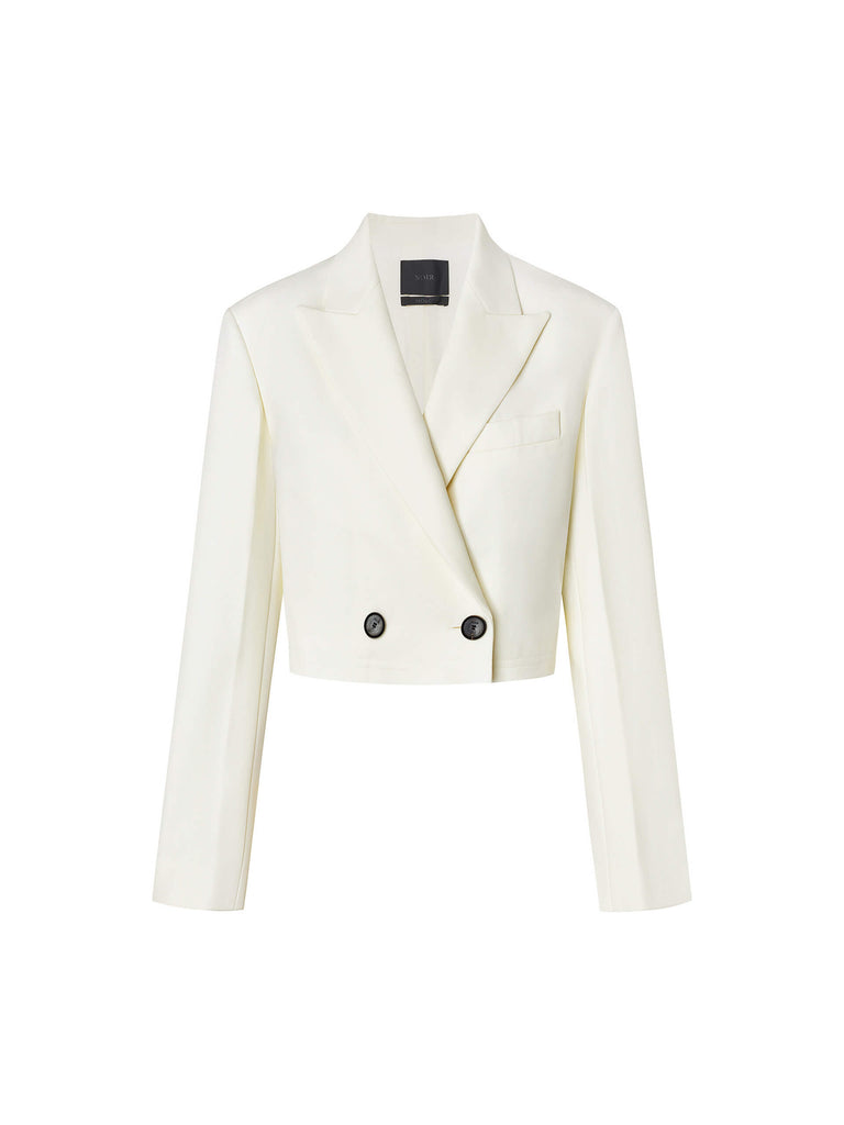 MO&Co. Women's Cropped Double-Breasted Luxury Wool Blazer in Cream with padded shoulders