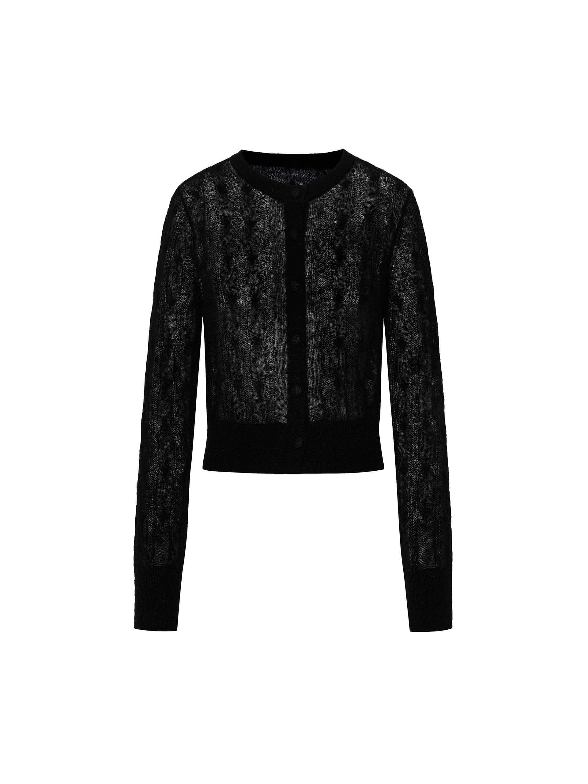 MO&Co. Women's Lightweight Lace Collar Knit Cardigan Wool and Mohair Blend in Black