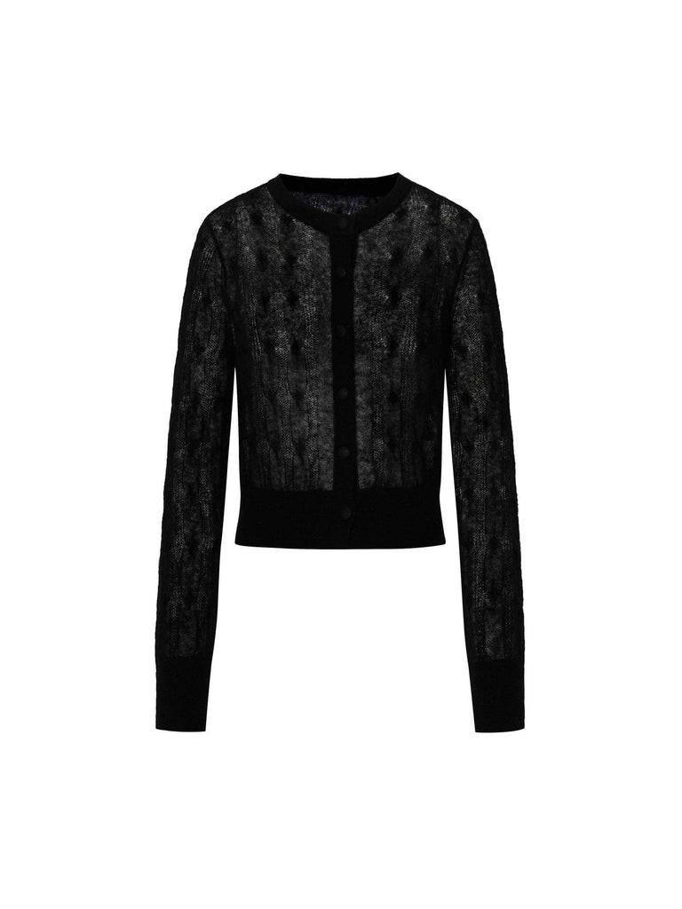 MO&Co. Women's Lightweight Lace Collar Knit Cardigan Wool and Mohair Blend in Black
