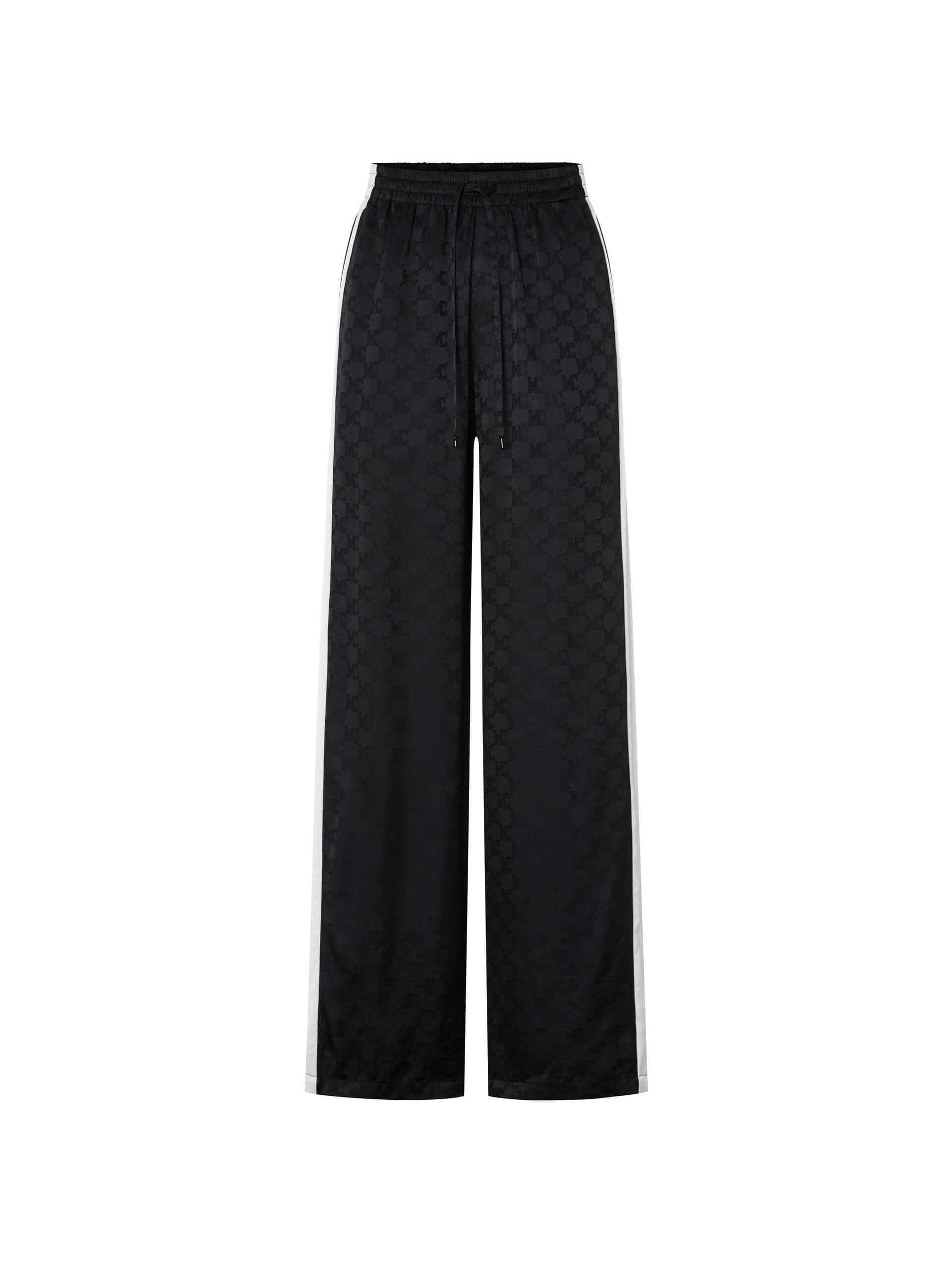 MO&Co. Women's Black Silk Blend Contrast Elastic Waist Track Pants with Monogram Jacquard