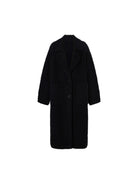 MO&Co. Noir Collection Women's Fuzzy Wool Blend Long Knitted Cardigan in Black with Peak Lapels