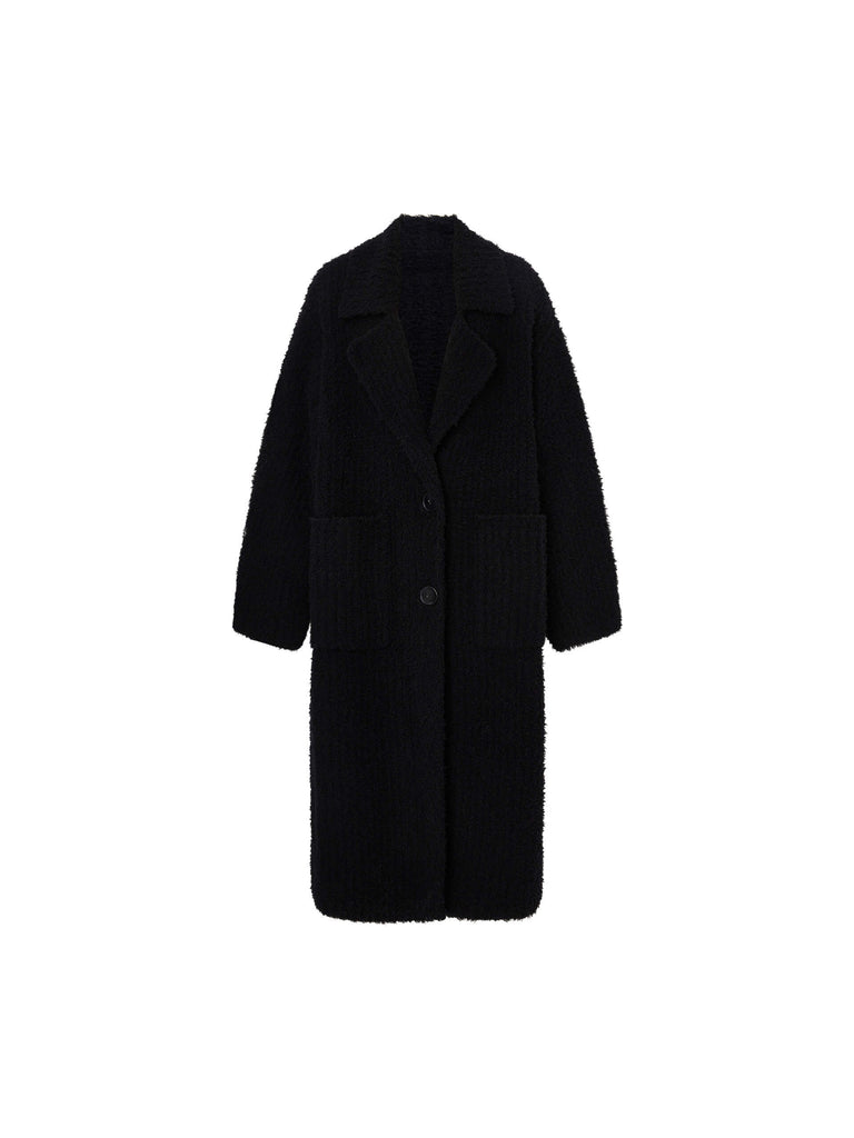 MO&Co. Noir Collection Women's Fuzzy Wool Blend Long Knitted Cardigan in Black with Peak Lapels
