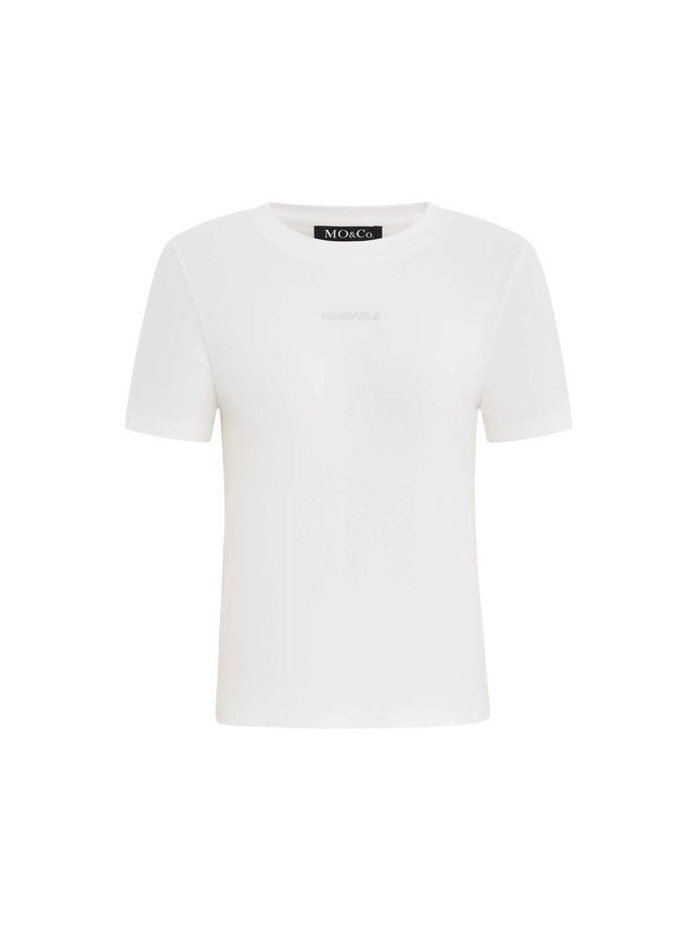 MO&Co. Women's The Clean Simple Slim Crew Neck T-shirt with Rhinestone Detail in White