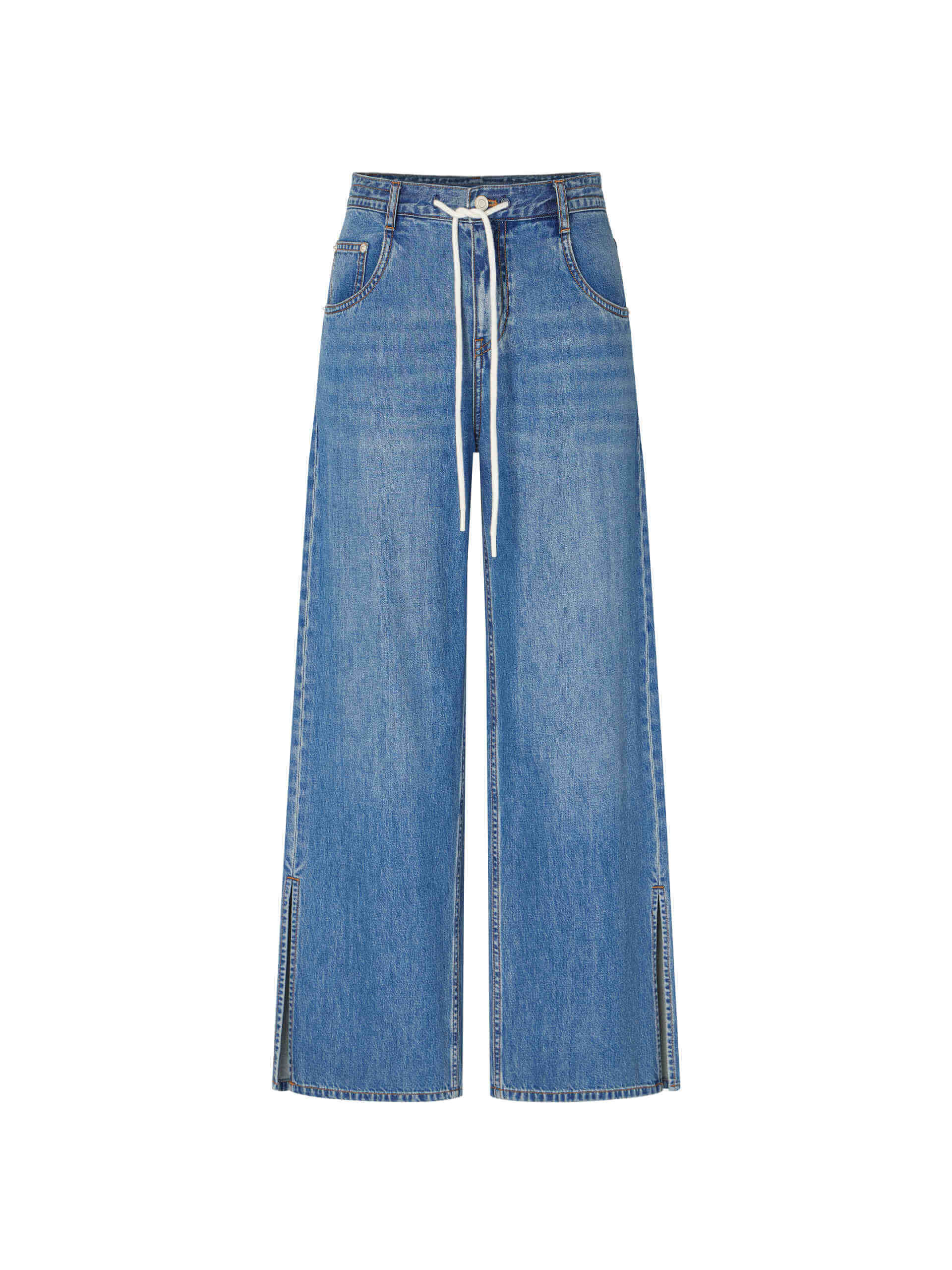 MO&Co. Women's Blue High-rise Drawstring Slit Hem Wide Leg Jeans