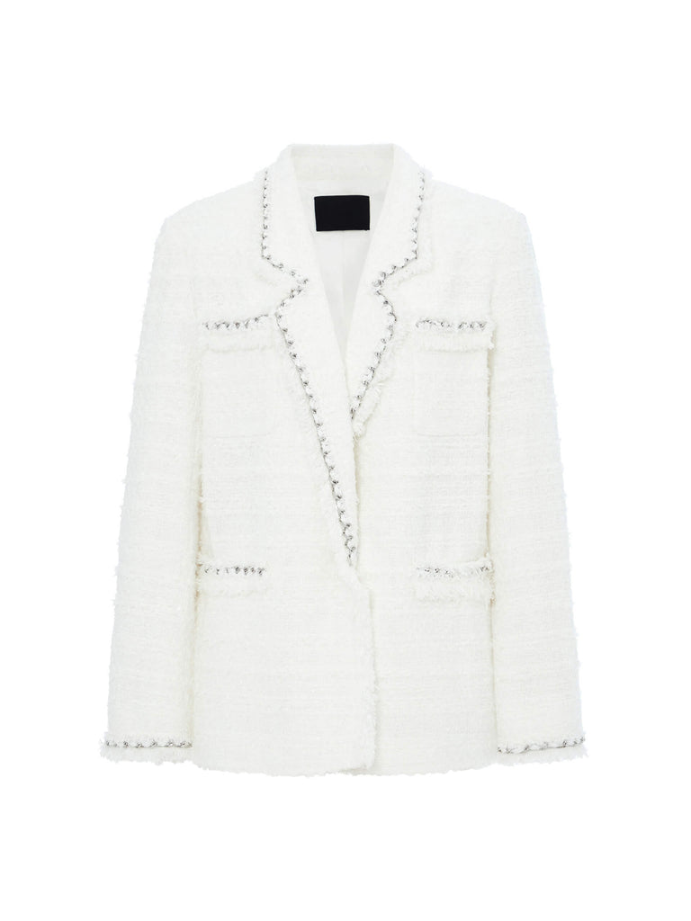 MO&Co. Women's Chain Embellished Metallic Tweed Jacket White