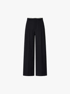 MO&Co. Noir Women's Fine Striped Wide Leg Wool Blend Pants in Black. Crafted from a luxurious wool blend, these wide-leg trousers offer both style and comfort for the cool season.