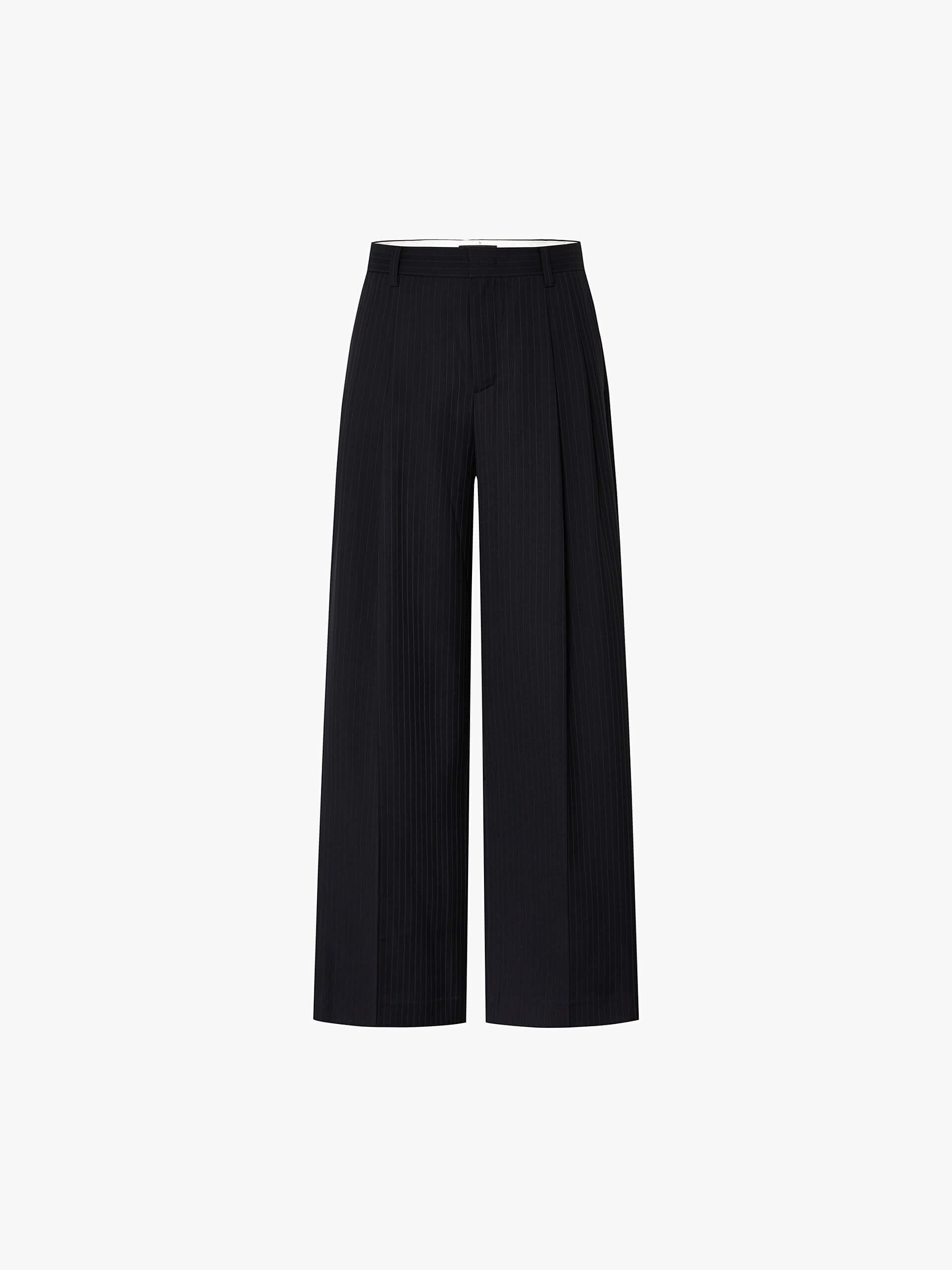 MO&Co. Noir Women's Fine Striped Wide Leg Wool Blend Pants in Black. Crafted from a luxurious wool blend, these wide-leg trousers offer both style and comfort for the cool season.