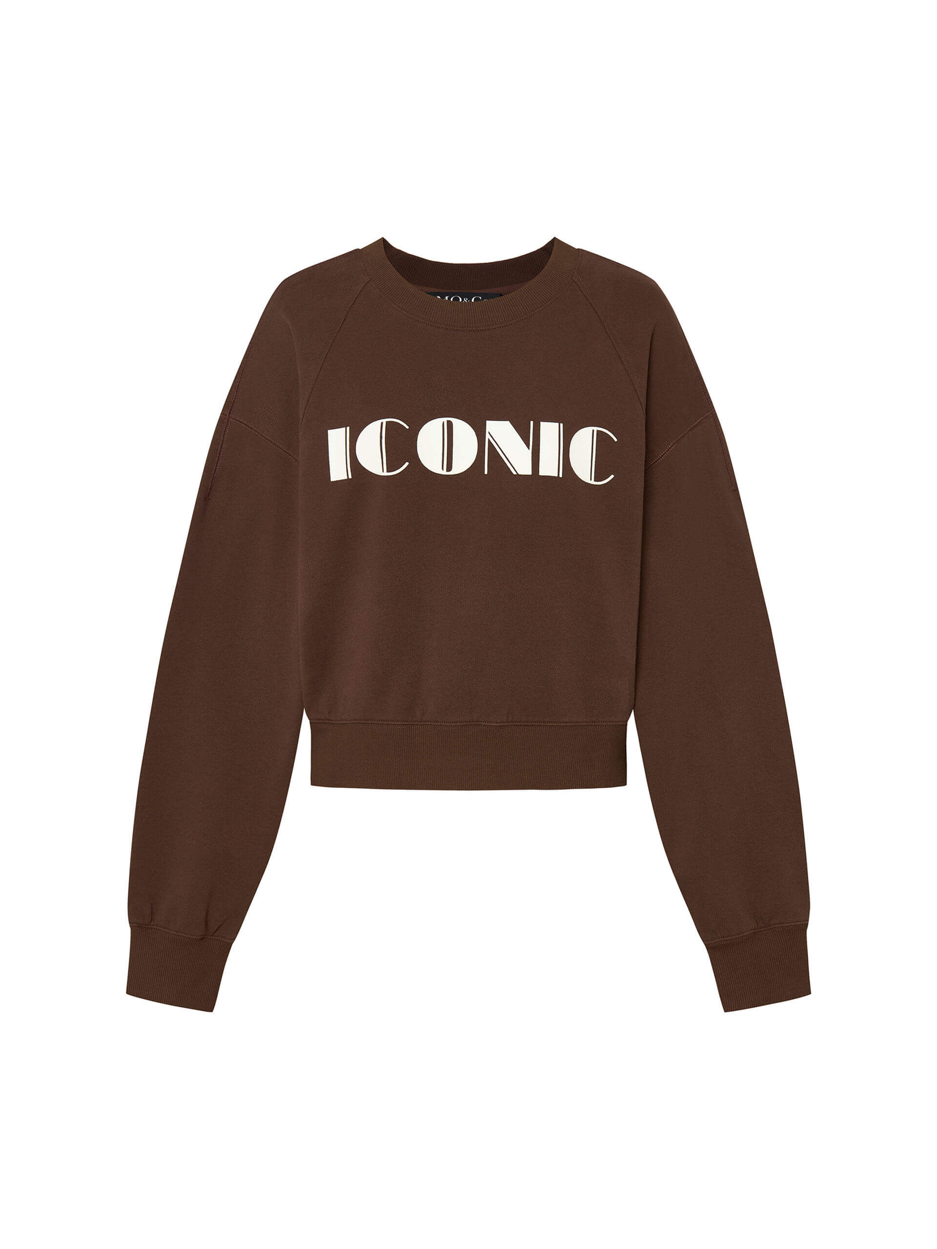 MO&Co. Women's “ICONIC” Letter Print 100 Cotton Casual Sweatshirt Relaxed in Brown