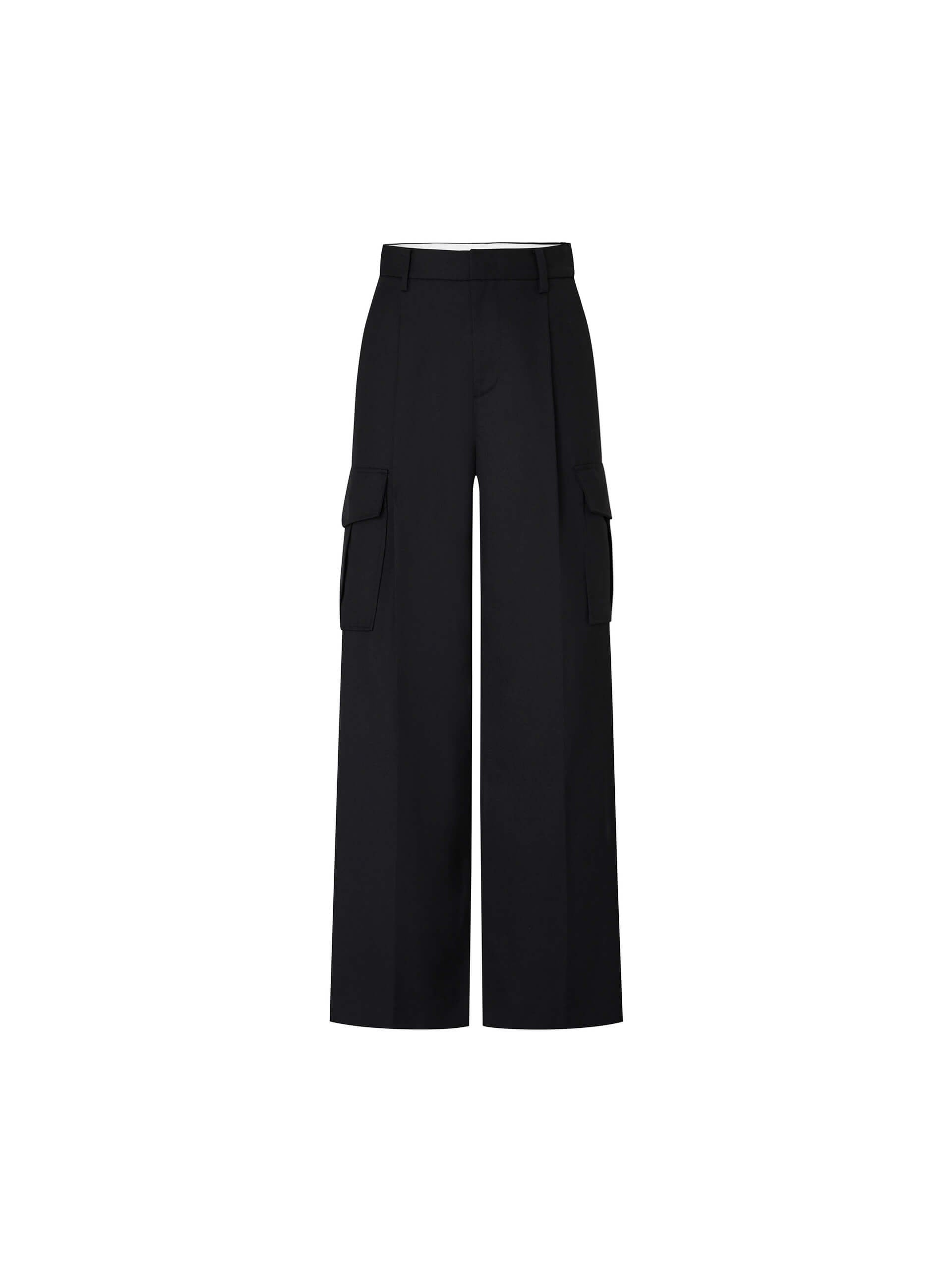 MO&Co. Women's Wool Blend Wide Leg Cargo Trousers in Black