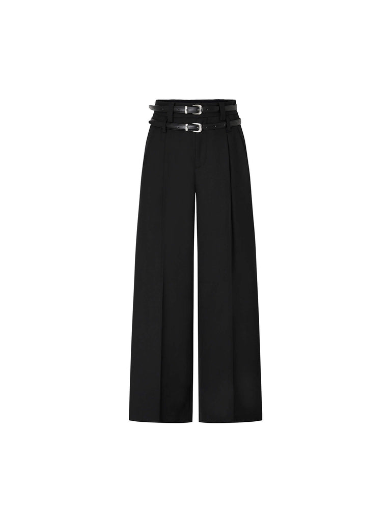 MO&Co. Women's Black Wool Blend Pleated Wide Leg Pants with Belt