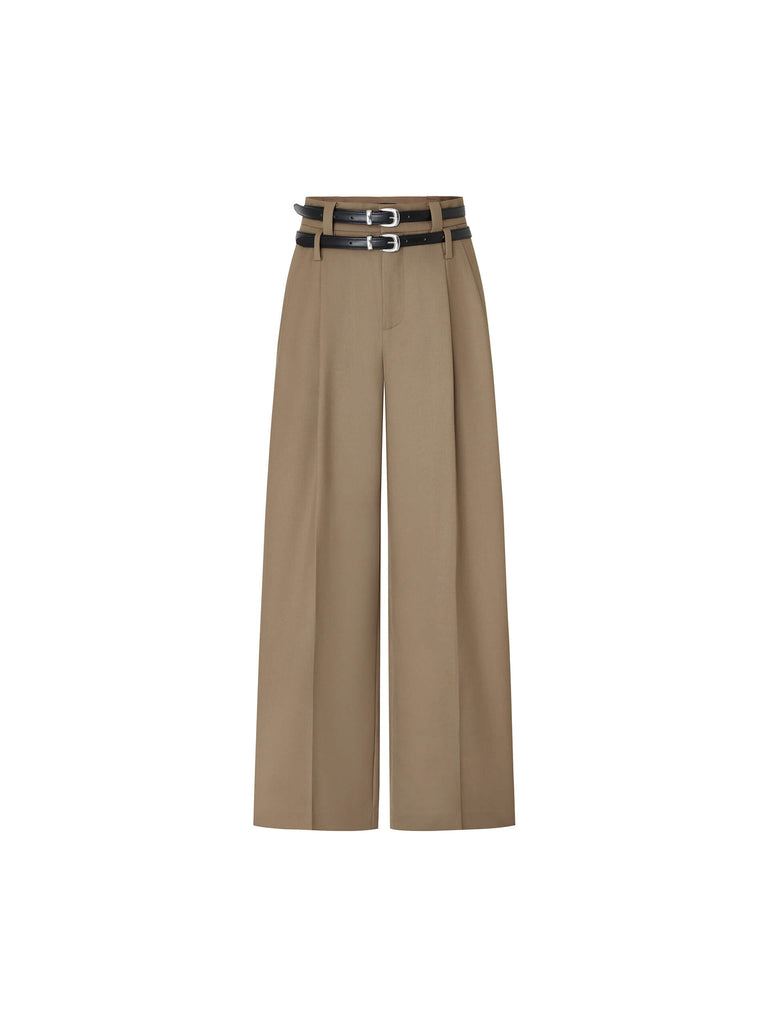 MO&Co. Women's Brown Wool Blend Pleated Wide Leg Pants with Belt 