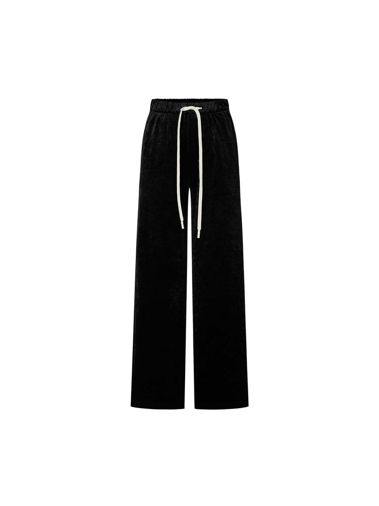 MO&Co. Women's Black Comfort Fit Velvet Drawstring Wide Leg Pants