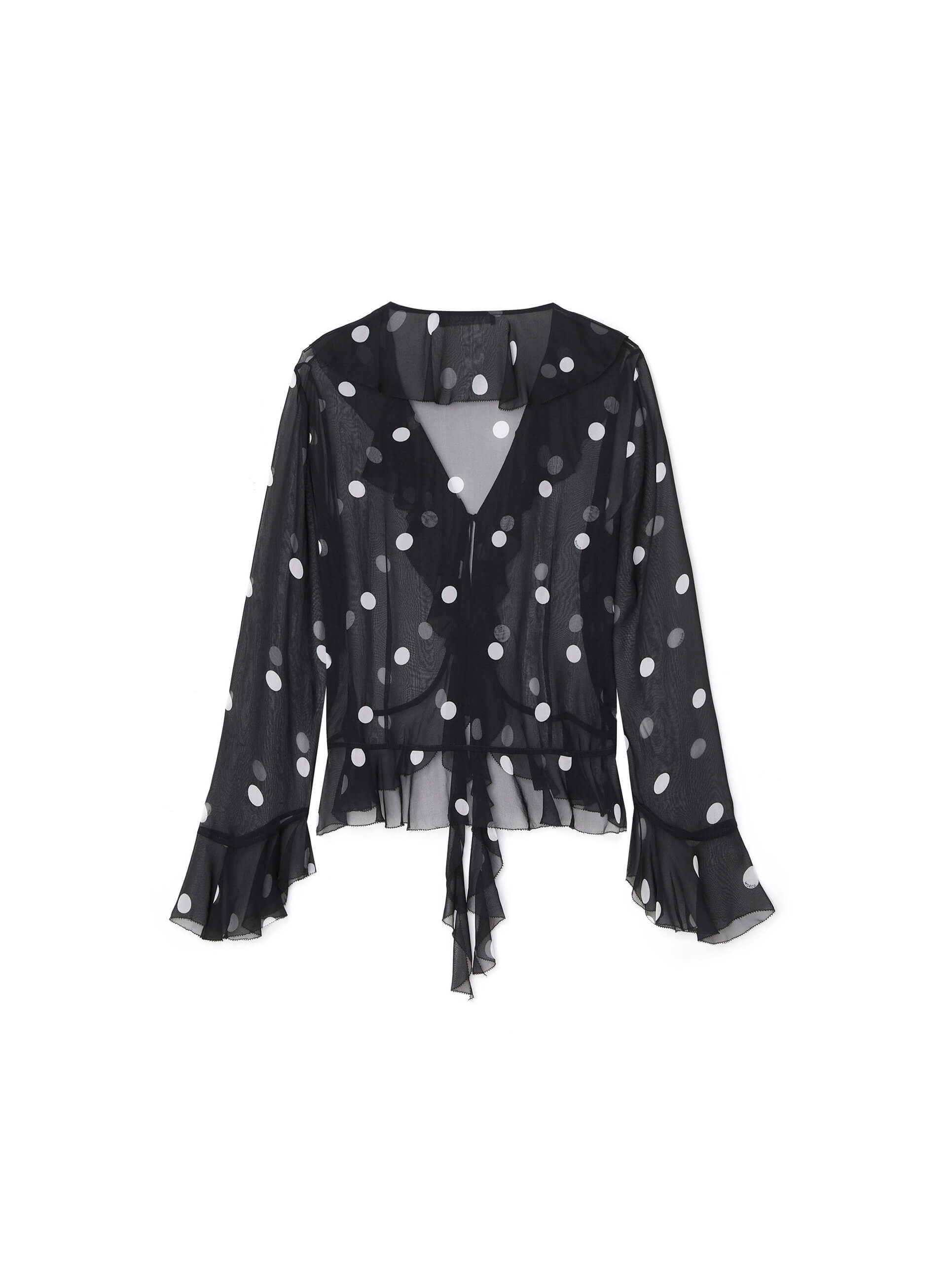 MO&Co. Women's Polka Dot Ruffle Detail Blouse in Sheer Black