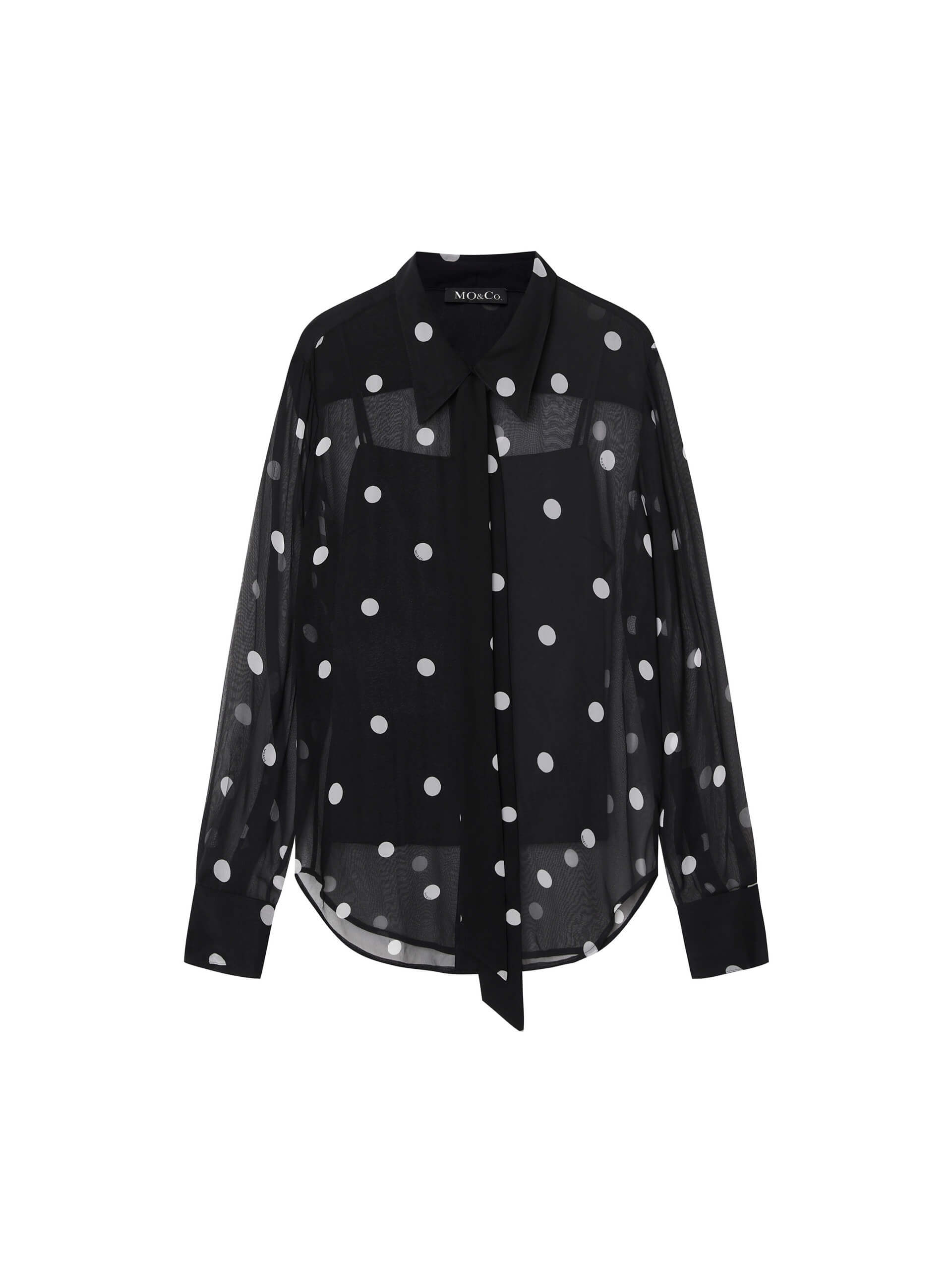 MO&Co. Women's Tie Detail Polka Dot Sheer Blouse in Black